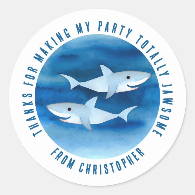 Cute Watercolor Sharks Thank You Favour Classic Round Sticker (Front)