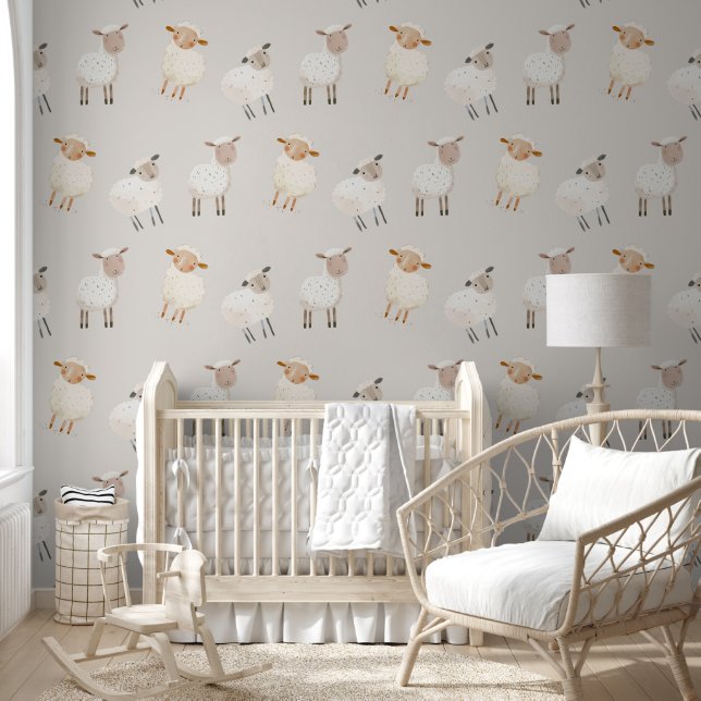 Cute Watercolor Sheep Boho Neutral Nursery Wallpaper (Kids)