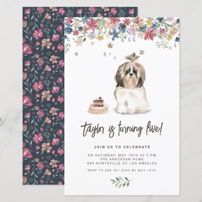 Cute Watercolor Shih Tzu Dog Birthday Invitation (Front/Back)