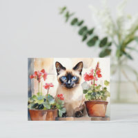 Cute Watercolor Siamese Cat Red Geranium Flowers