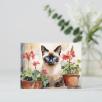 Cute Watercolor Siamese Cat Red Geranium Flowers