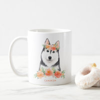 Cute Watercolor Siberian Husky Peach Floral