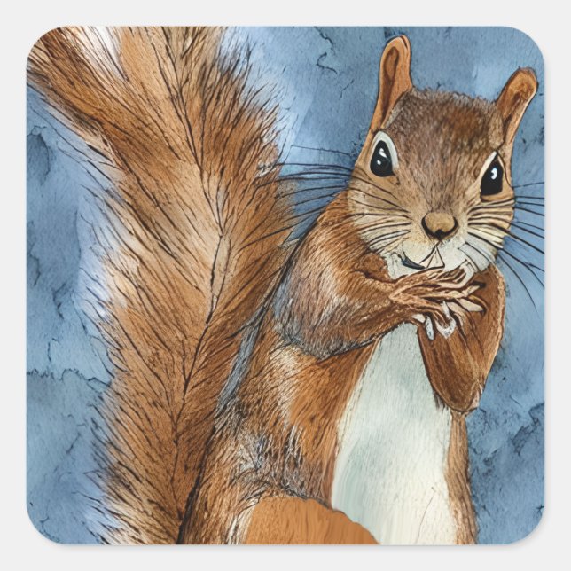 Cute Watercolor Sketched Squirrel Square Sticker (Front)