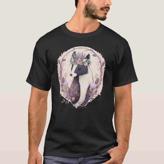 Cute Watercolor Skunk Pet Flower Crown Animal T-Shirt (Front)