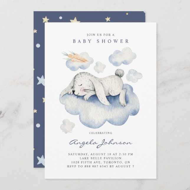 Cute Watercolor Sleeping Baby Rabbit Baby Shower Invitation (Front/Back)