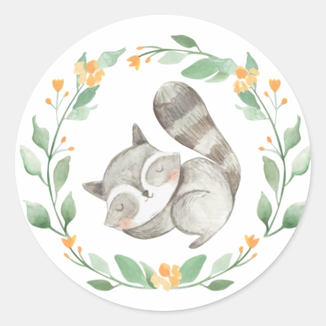 Cute Watercolor Sleeping Baby Racoon Baby Shower Classic Round Sticker (Front)
