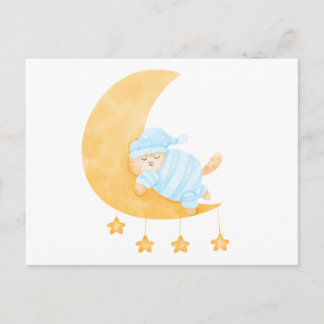 Cute Watercolor Sleeping Cat on Crescent Moon Holiday Postcard