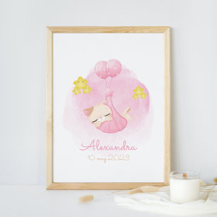 Cute Watercolor Sleeping Kitten Pink Nursery Art Poster