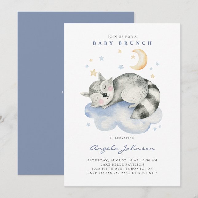 Cute Watercolor Sleeping Racoon Baby Brunch Invitation (Front/Back)