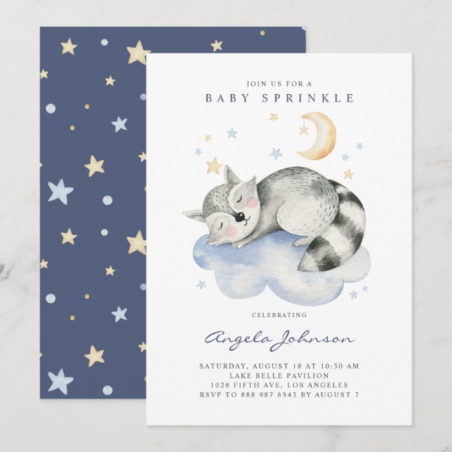 Cute Watercolor Sleeping Racoon Baby Sprinkle Invitation (Front/Back)