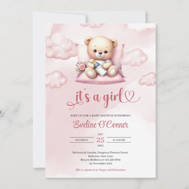 Cute watercolor sleeping teddy bear it's a girl invitation (Front)