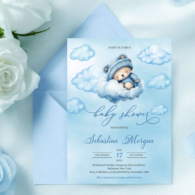 Cute watercolor sleeping teddy bear over the cloud invitation (Cute watercolor sleeping teddy bear over the cloud invitation)