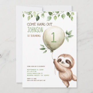 Cute Watercolor Sloth Kids Birthday Party Invitation