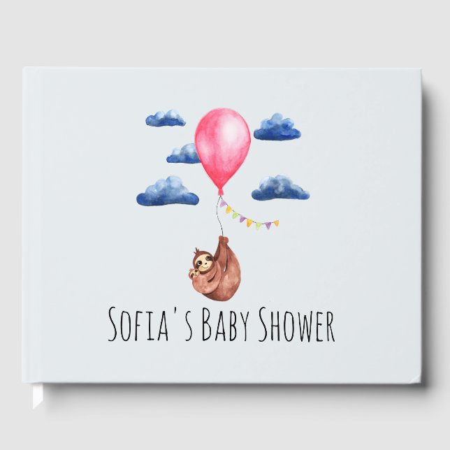Cute Watercolor Sloth Mother and Name Baby Shower Guest Book (Front)