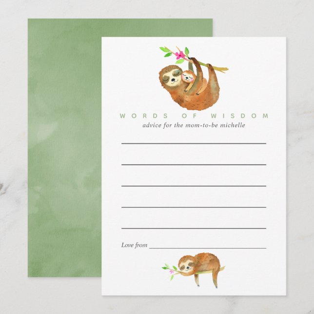 Cute Watercolor Sloth themed Baby Shower Advice Invitation (Front/Back)