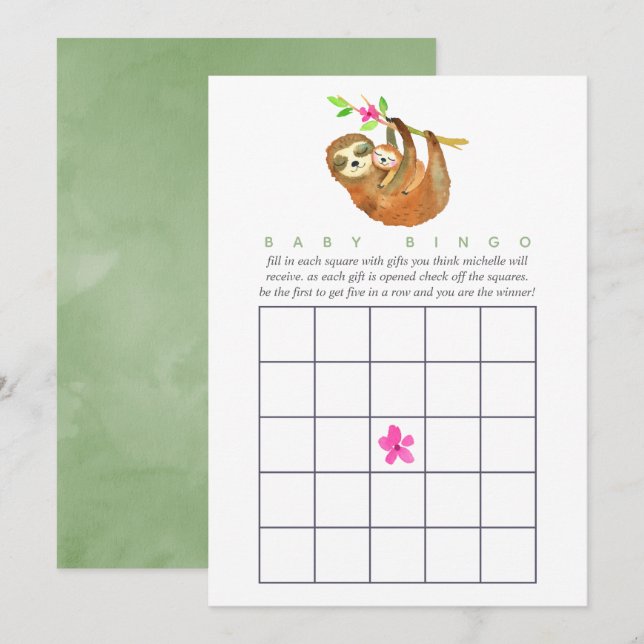 Cute Watercolor Sloth themed Baby Shower Bingo Invitation (Front/Back)
