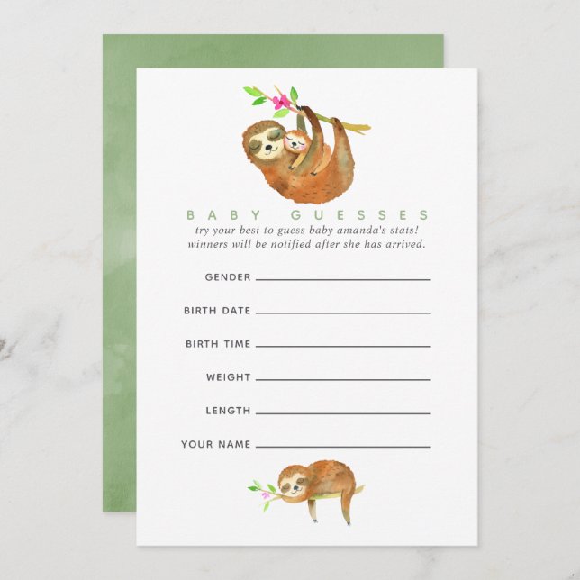 Cute Watercolor Sloth themed Baby Shower Guesses Invitation (Front/Back)