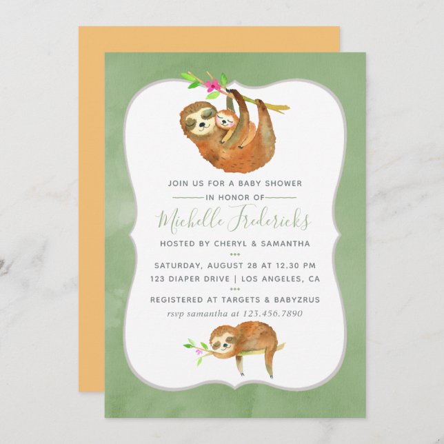Cute Watercolor Sloth themed Baby Shower Invite (Front/Back)