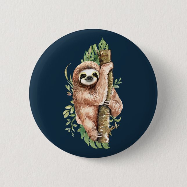 Cute Watercolor Sloth & Tropical Leaves 6 Cm Round Badge (Front)