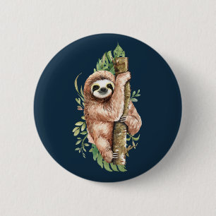 Cute Watercolor Sloth & Tropical Leaves 6 Cm Round Badge