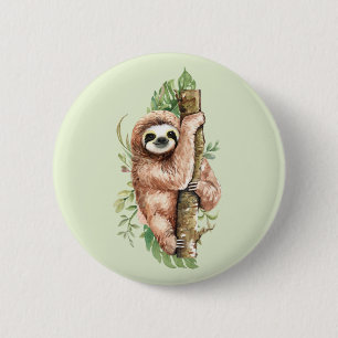 Cute Watercolor Sloth & Tropical Leaves 6 Cm Round Badge