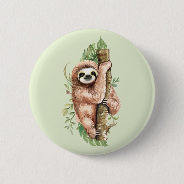 Cute Watercolor Sloth & Tropical Leaves 6 Cm Round Badge (Front)