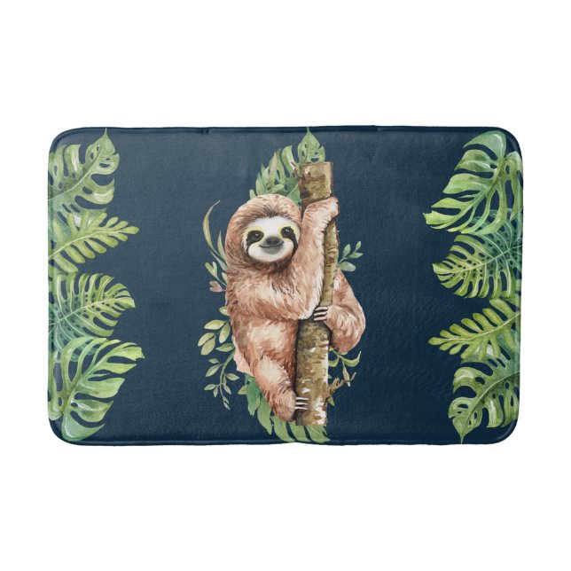 Cute Watercolor Sloth & Tropical Leaves Bath Mat (Front)