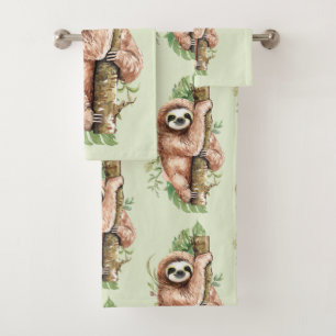 Cute Watercolor Sloth & Tropical Leaves Bath Towel Set