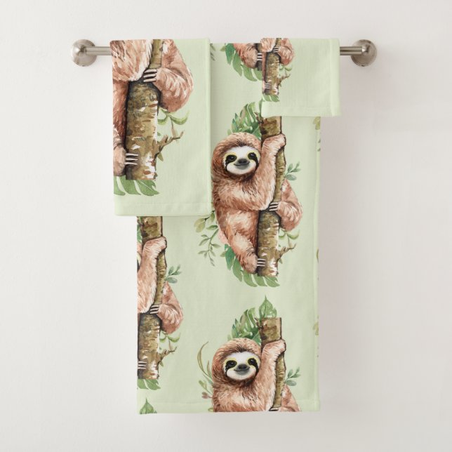 Cute Watercolor Sloth & Tropical Leaves Bath Towel Set (Insitu)