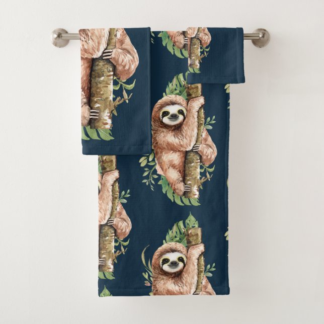 Cute Watercolor Sloth & Tropical Leaves Bath Towel Set (Insitu)