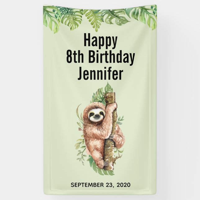 Cute Watercolor Sloth & Tropical Leaves Birthday Banner (Vertical)