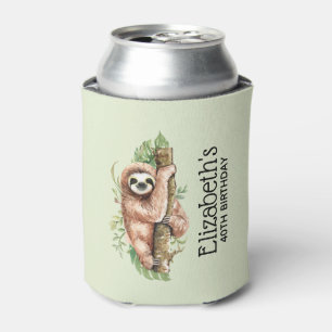 Cute Watercolor Sloth & Tropical Leaves Birthday Can Cooler