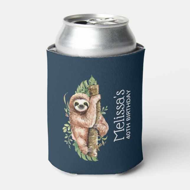 Cute Watercolor Sloth & Tropical Leaves Birthday Can Cooler (Can Front)