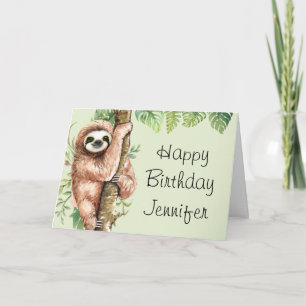 Cute Watercolor Sloth & Tropical Leaves Birthday Card