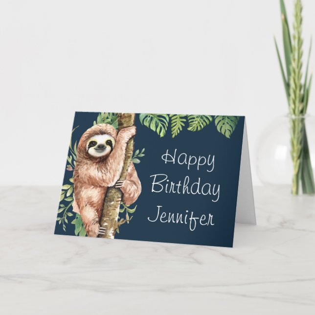 Cute Watercolor Sloth & Tropical Leaves Birthday Card (Front)