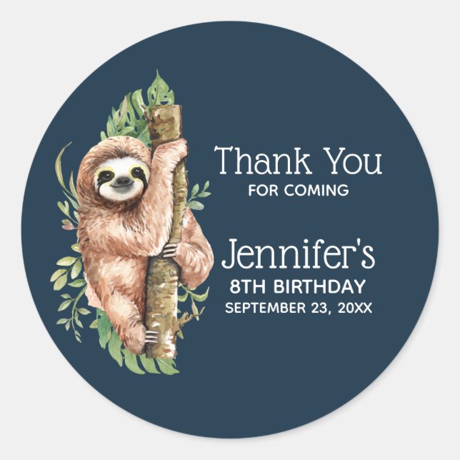 Cute Watercolor Sloth & Tropical Leaves Birthday Classic Round Sticker (Front)
