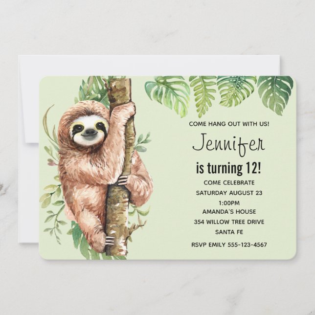 Cute Watercolor Sloth & Tropical Leaves Birthday Invitation (Front)