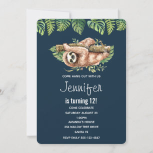 Cute Watercolor Sloth & Tropical Leaves Birthday Invitation
