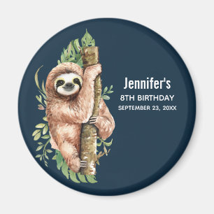 Cute Watercolor Sloth & Tropical Leaves Birthday Magnet