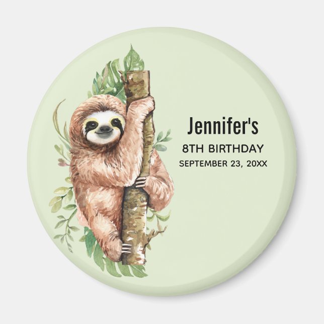Cute Watercolor Sloth & Tropical Leaves Birthday Magnet (Front)