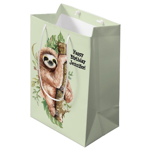 Cute Watercolor Sloth & Tropical Leaves Birthday Medium Gift Bag (Front Angled)