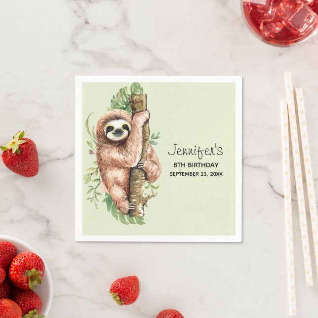 Cute Watercolor Sloth & Tropical Leaves Birthday Napkin (Insitu)
