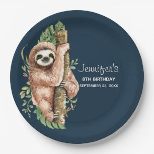 Cute Watercolor Sloth & Tropical Leaves Birthday Paper Plate