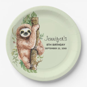 Cute Watercolor Sloth & Tropical Leaves Birthday Paper Plate