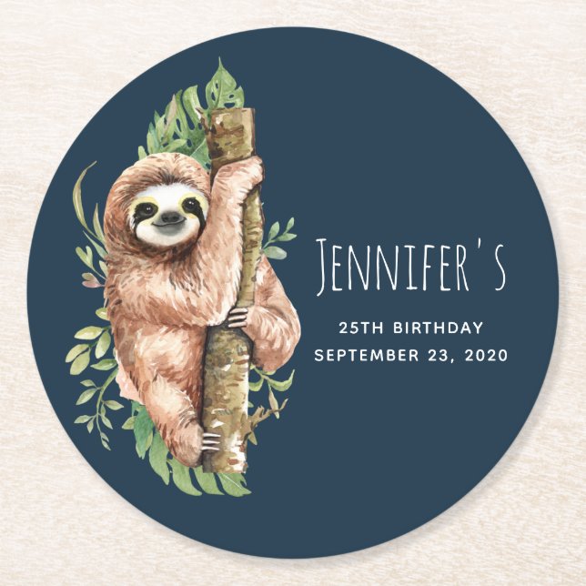 Cute Watercolor Sloth & Tropical Leaves Birthday Round Paper Coaster (Front)
