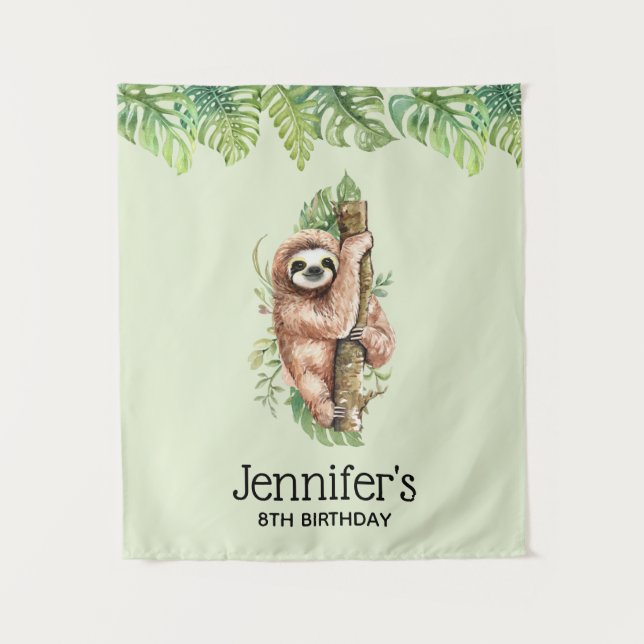 Cute Watercolor Sloth & Tropical Leaves Birthday Tapestry (Front)