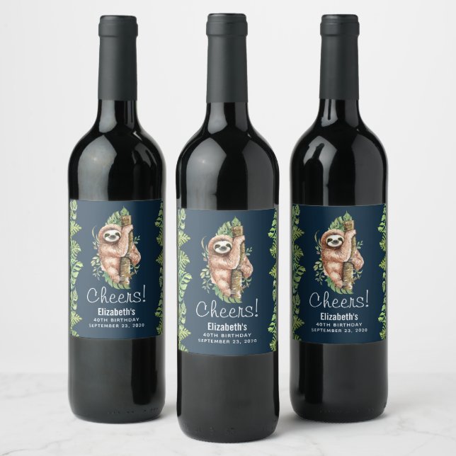 Cute Watercolor Sloth & Tropical Leaves Birthday Wine Label (Bottles)