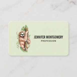 Cute Watercolor Sloth & Tropical Leaves Business Card