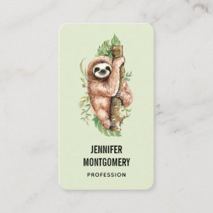 Cute Watercolor Sloth & Tropical Leaves Business Card