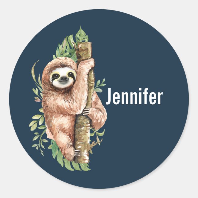 Cute Watercolor Sloth & Tropical Leaves Classic Round Sticker (Front)
